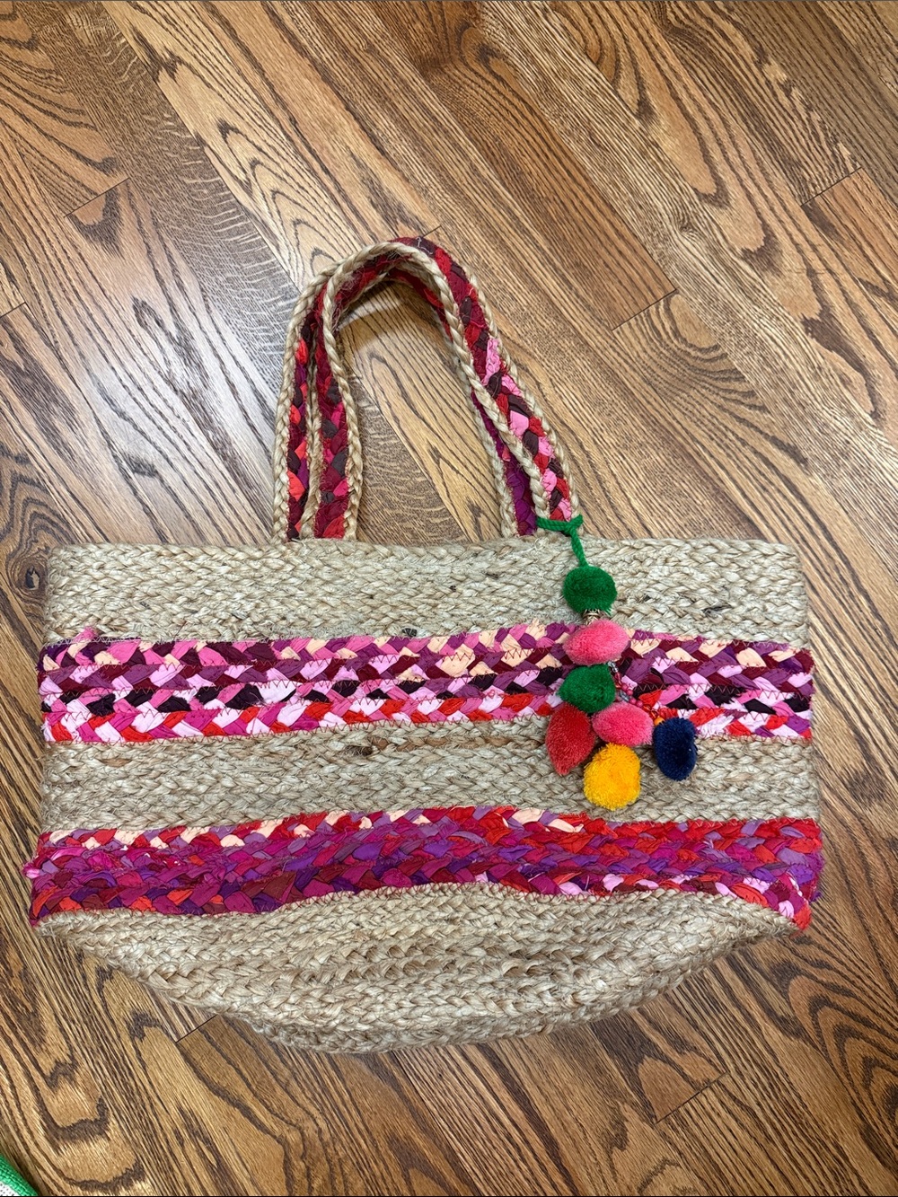Handwoven Natural Straw Tote with Pink & Multicolor Accents
